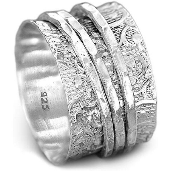 Boho-Magic 925 Sterling Silver Spinner Ring for Women | 3 Spinning Rings Bands | Fidget Meditation Anxiety | Wide Statement Chunky Jewelry Size 7-9 (6)