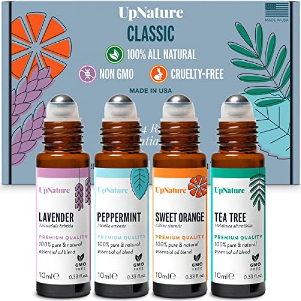 Classics Essential Oil Roll On Gift Set - Peppermint, Lavender, Tea Tree, Sweet Orange -Gift Set for Women & Men, Relaxing Gifts Essential Oil Set, Fun Stocking Stuffer, Pre-Diluted, Therapeutic Grade