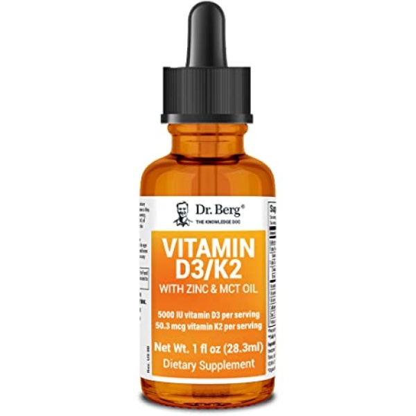 Dr. Berg's Liquid Vitamin D3 with K2, Zinc & MCT Oil - Vitamin D3 K2 Supplement Includes 5,000 IUs of Liquid D3, 50 mcg MK7 Vitamin K2 - Vitamin D3 K2 Drops for Adults - 1 Fl Oz